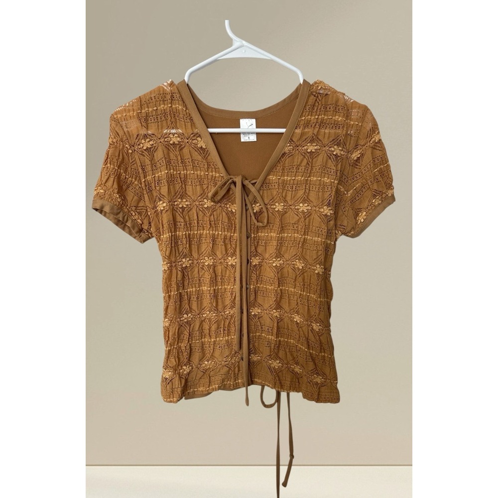 VtgY2K Brown Smocked tie Front  Blouse Brown Romantic Soft Goth Made USA Size S